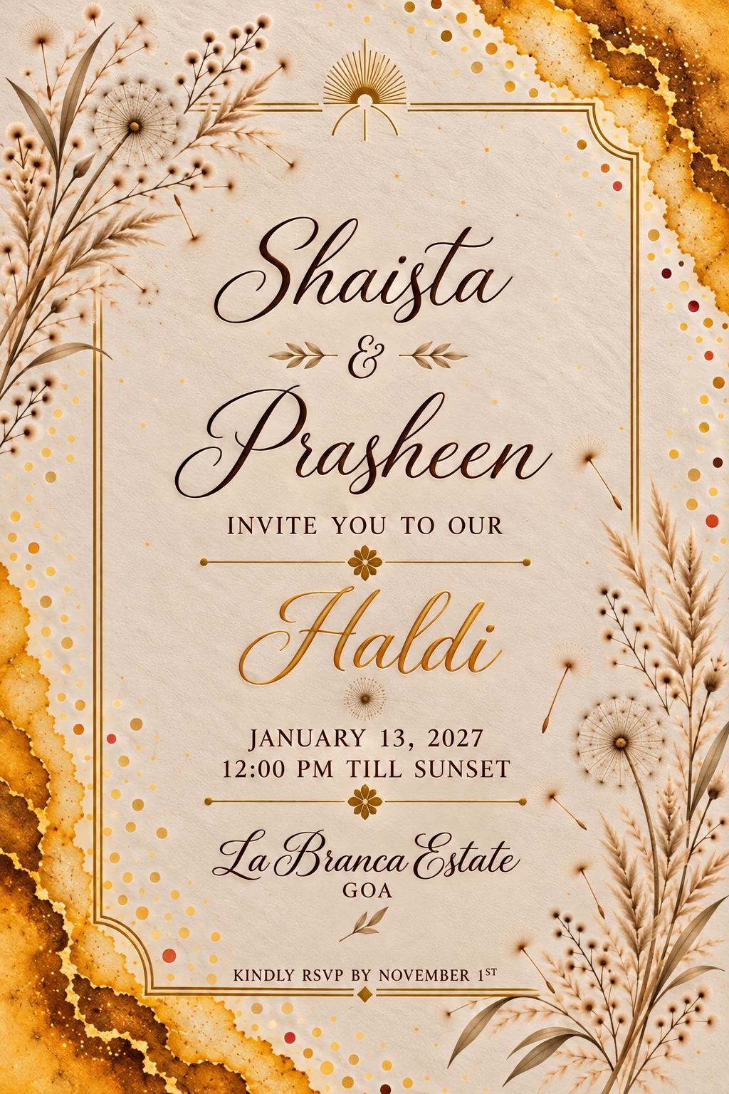 Haldi — January 13, 2027, 12:00 PM till sunset. La Branca Estate, Goa. Kindly RSVP by November 1st.