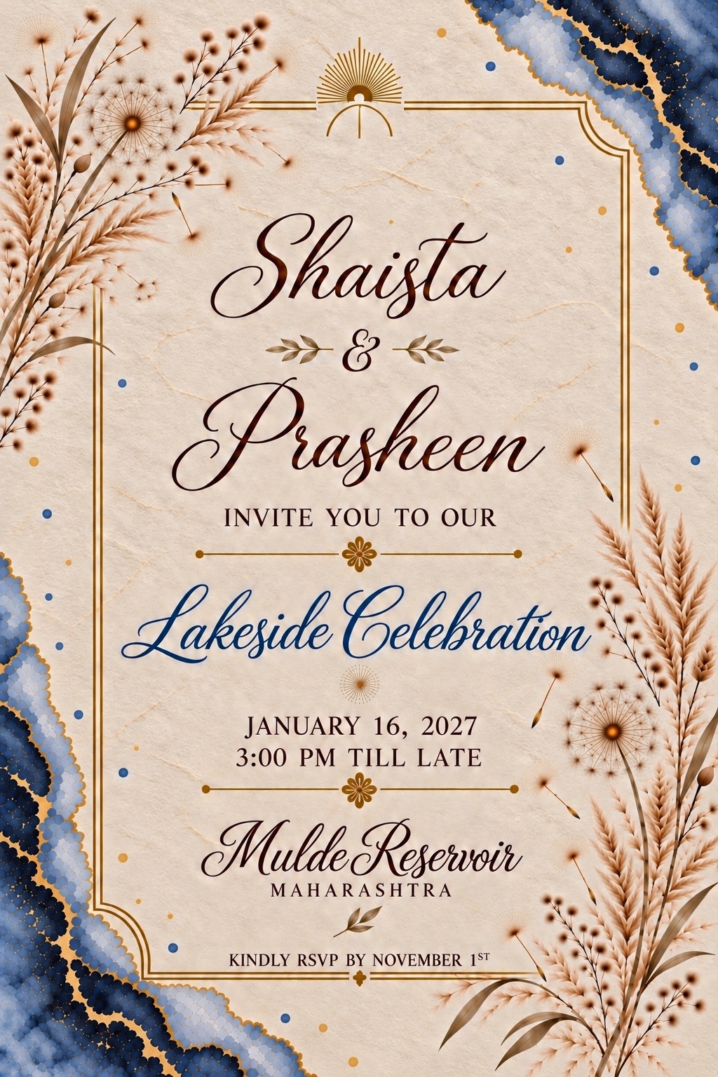 Lakeside Celebration — January 16, 2027, 3:00 PM till late. Mulde Reservoir, Maharashtra. Kindly RSVP by November 1st.