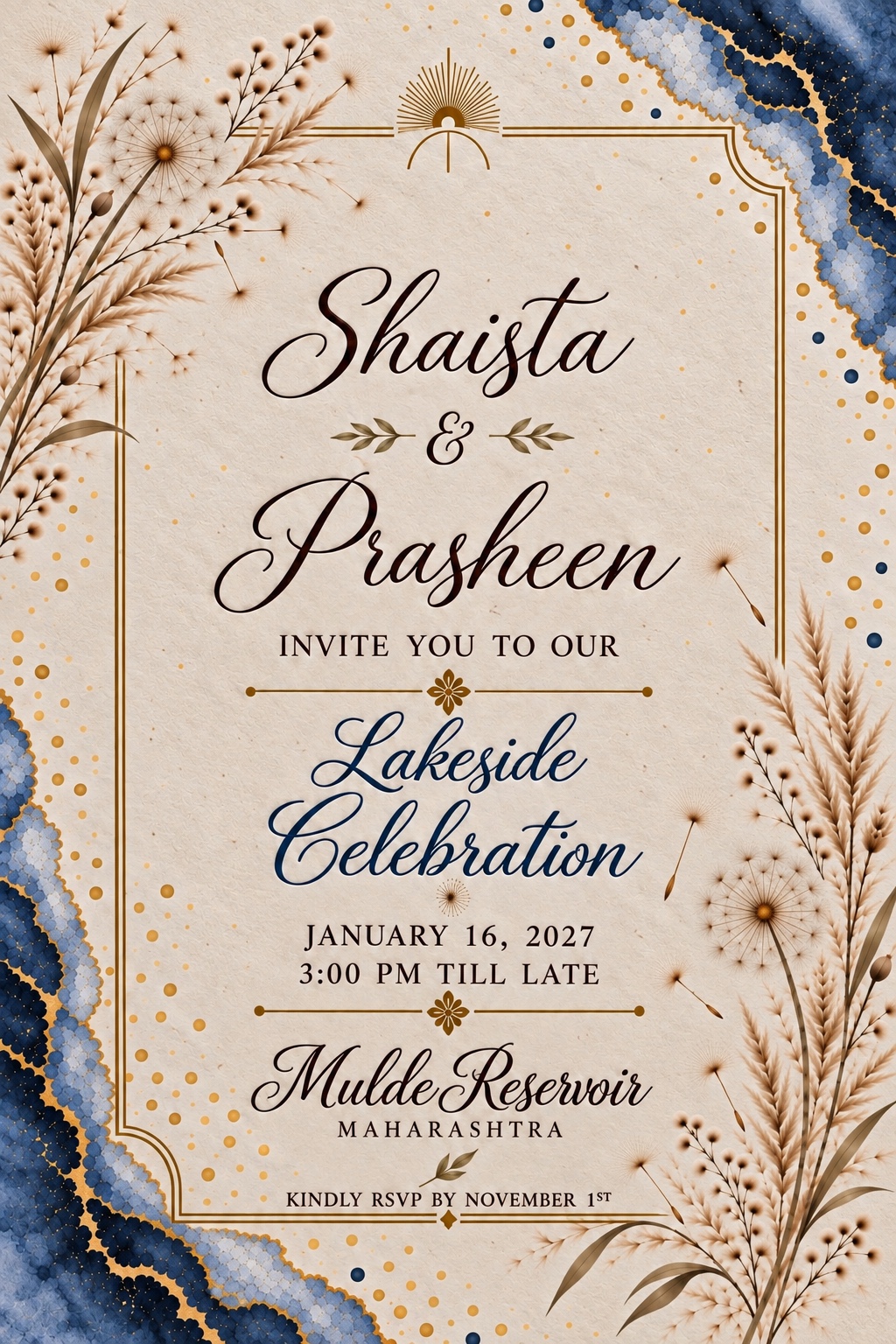 Lakeside Celebration — January 16, 2027, 3:00 PM till late. Mulde Reservoir, Maharashtra. Kindly RSVP by November 1st.