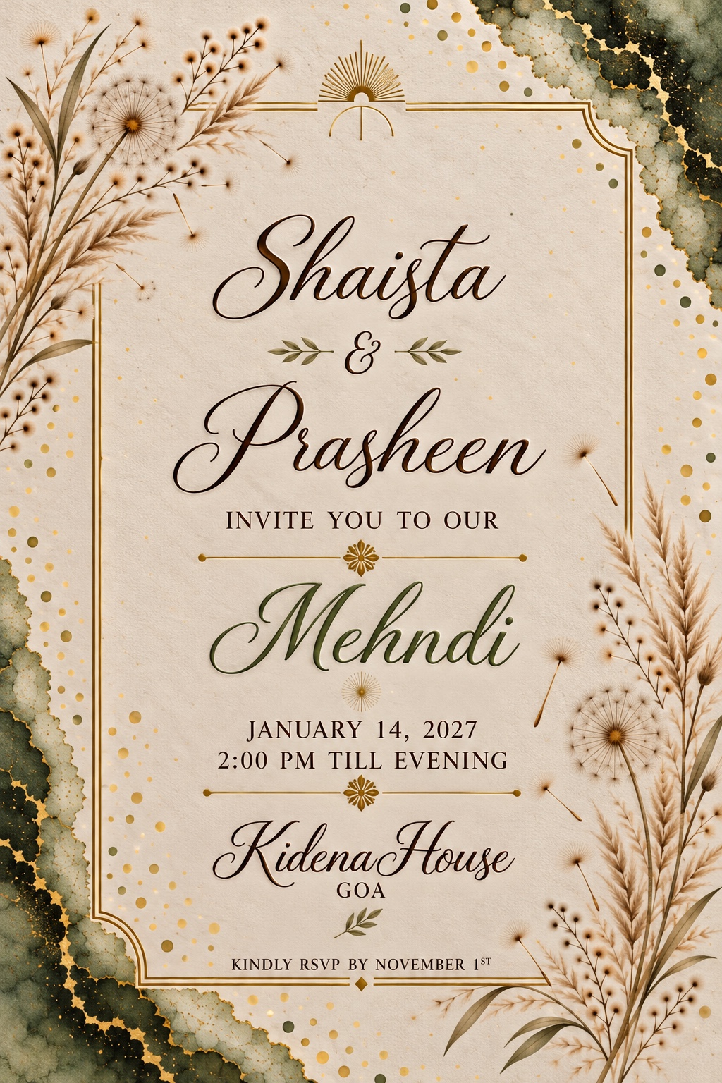Mehndi — January 14, 2027, 2:00 PM till evening. Kidena House, Goa. Kindly RSVP by November 1st.